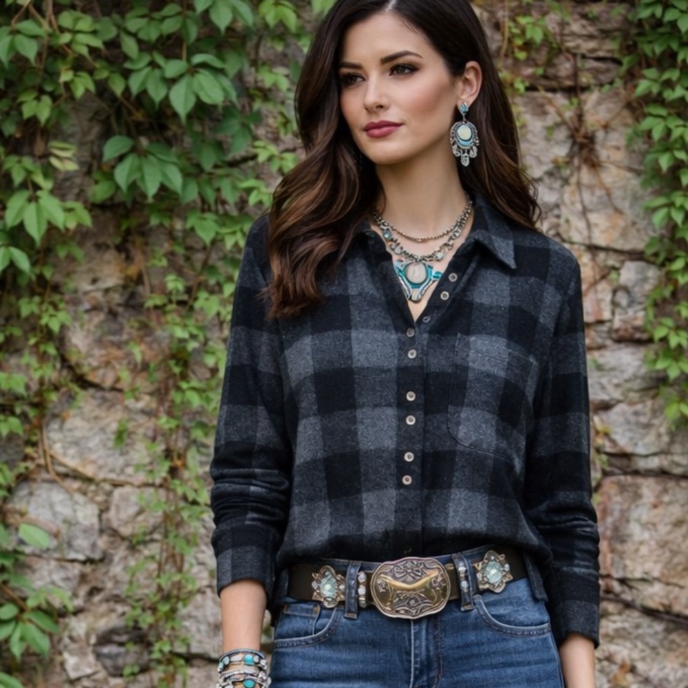 SOFT SURROUNDINGS Plaid Half-Button Knit Top, M
